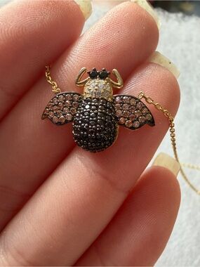 Gold Bee Pendant Necklace with Brown and Black Crystals